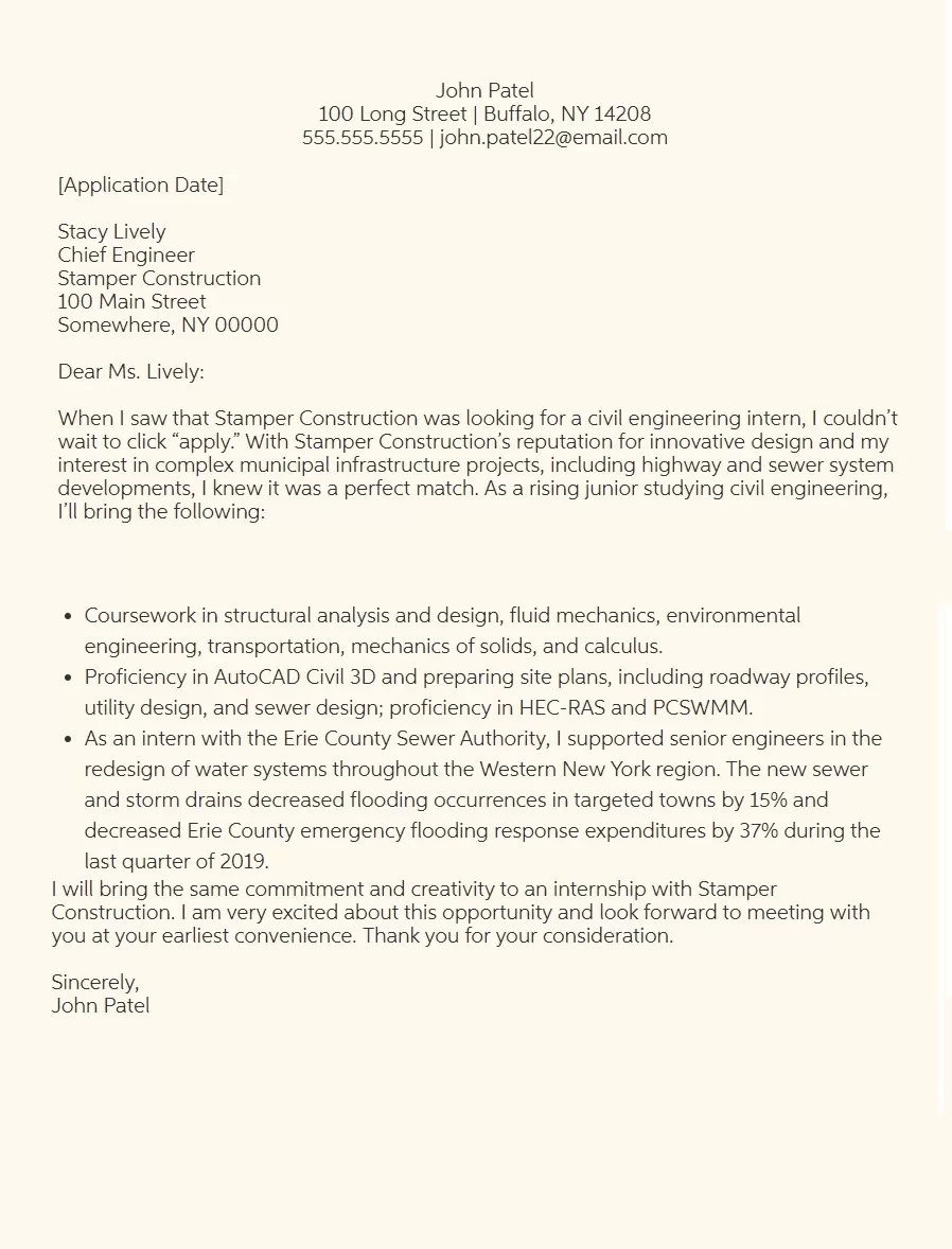 Civil Engineer Internship Letter Sample